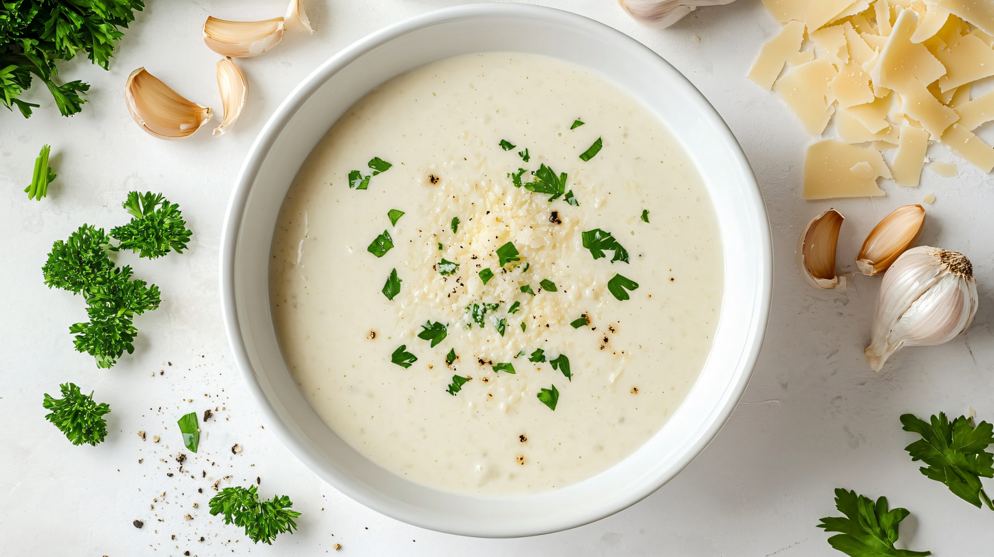 Bowl of creamy soup garnished with herbs on a light background