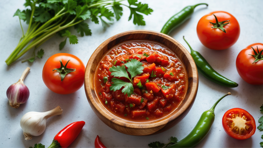 Bowl of red sauce with garnish surrounded by tomatoes, peppers, and herbs on a light surface