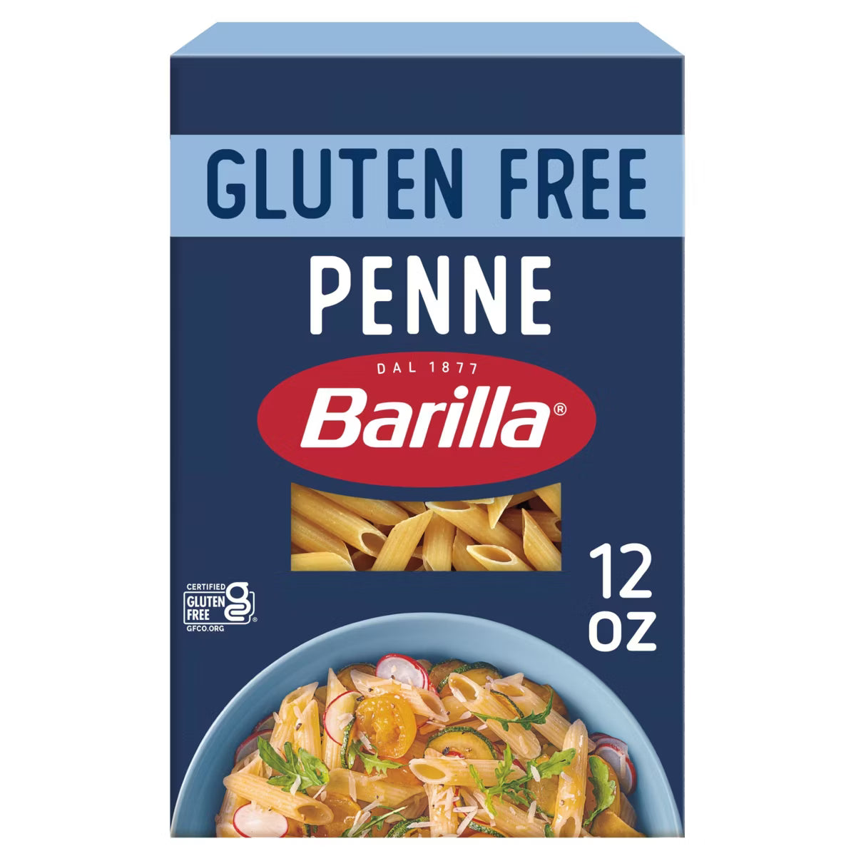 Barilla gluten-free penne pasta box on a white background