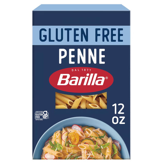 Barilla gluten-free penne pasta box on a white background