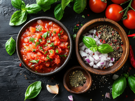 Bowls of tomato sauce and chopped vegetables on a dark surface with fresh basil leaves.