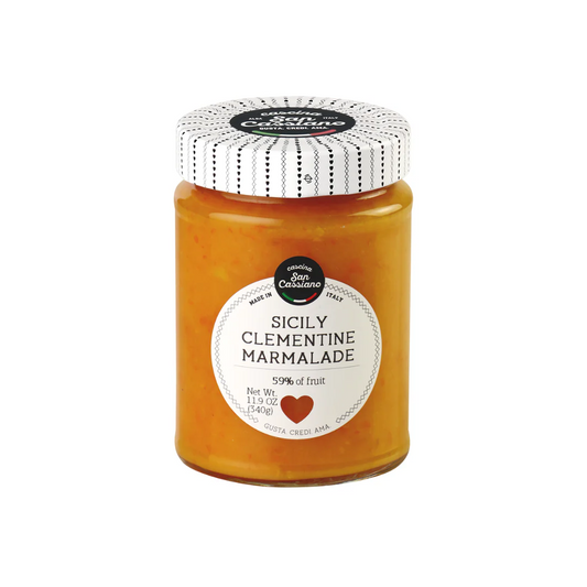 Jar of Sicily Clementine Marmalade with a white label on a white background